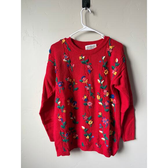 VTG Unique Marissa Christina Cottagecore Red Floral Embroidered Knit Sweater- M - Picture 3 of 10